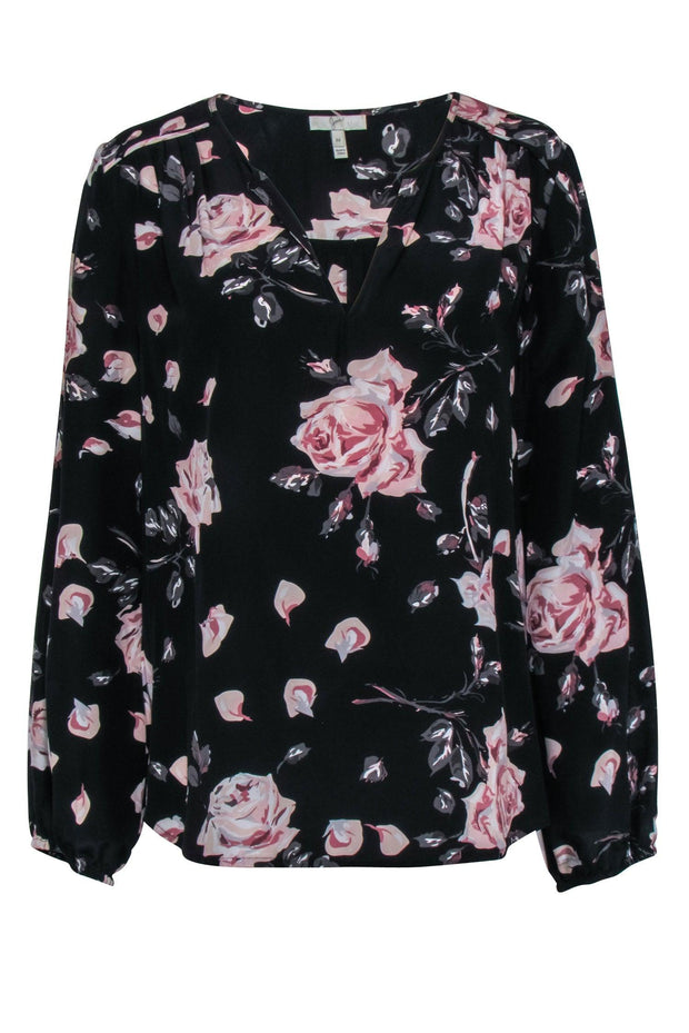 Current Boutique-Joie - Black w/ Blush Pink Floral Print Long Sleeve Blouse Sz S