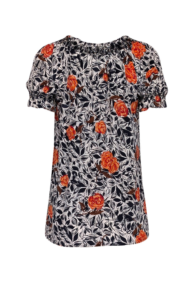 Joie - White, Navy & Red Floral Short Sleeve w/ Tassels Top Sz XS - Current Boutique