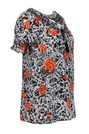 Joie - White, Navy & Red Floral Short Sleeve w/ Tassels Top Sz XS - Current Boutique