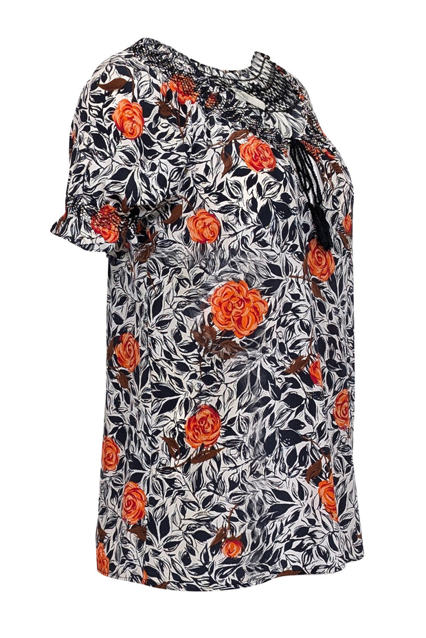 Joie - White, Navy & Red Floral Short Sleeve w/ Tassels Top Sz XS - Current Boutique