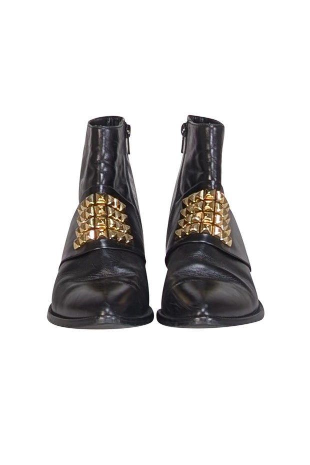 Jon Josef - Black Leather Gold Studded Front Detail Short Boots Sz 10 - Current Boutique