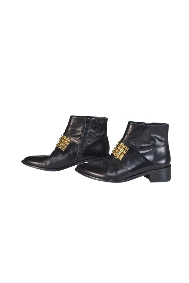 Jon Josef - Black Leather Gold Studded Front Detail Short Boots Sz 10 - Current Boutique