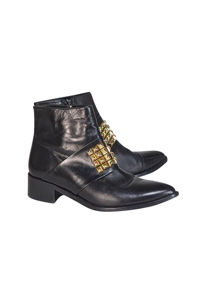 Jon Josef - Black Leather Gold Studded Front Detail Short Boots Sz 10 - Current Boutique