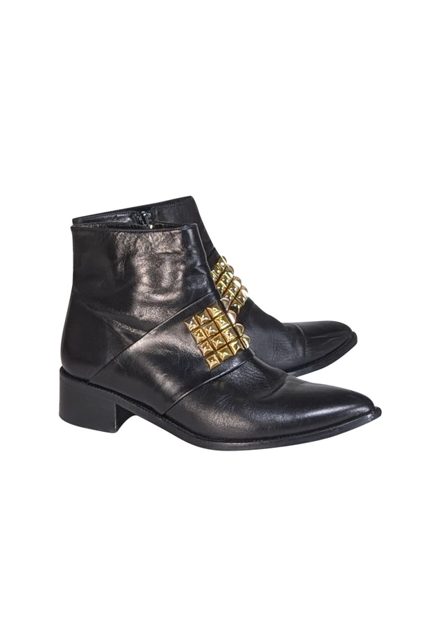 Jon Josef - Black Leather Gold Studded Front Detail Short Boots Sz 10 - Current Boutique