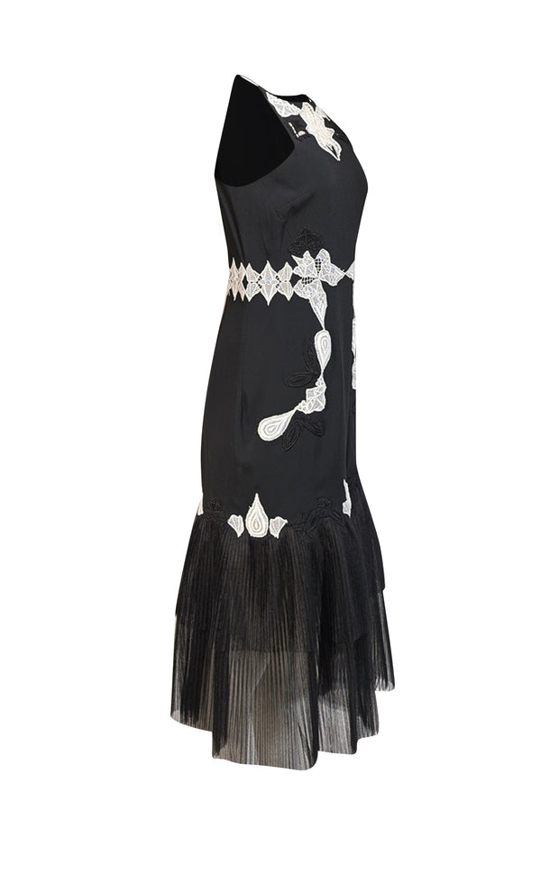 Johnathan Simkhai - Black Embroidered Dress w/ Pleated Tulle Hem Sz 6 - Current Boutique