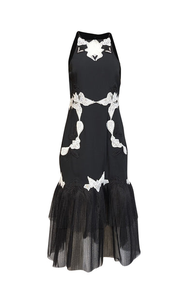 Johnathan Simkhai - Black Embroidered Dress w/ Pleated Tulle Hem Sz 6 - Current Boutique