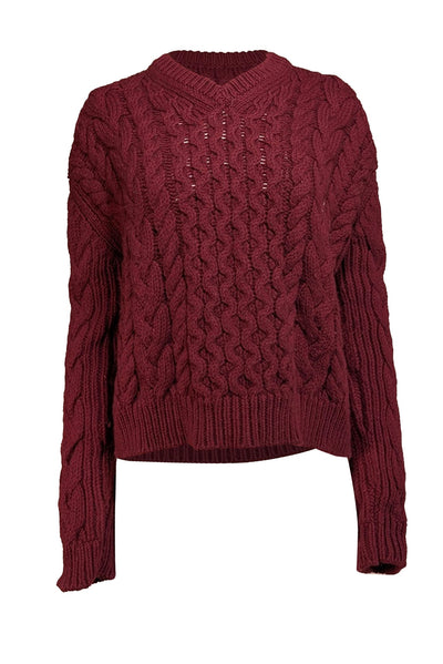 Current Boutique-Joseph - Burgundy Merino Wool Chunky Cable Knit Sweater Sz S