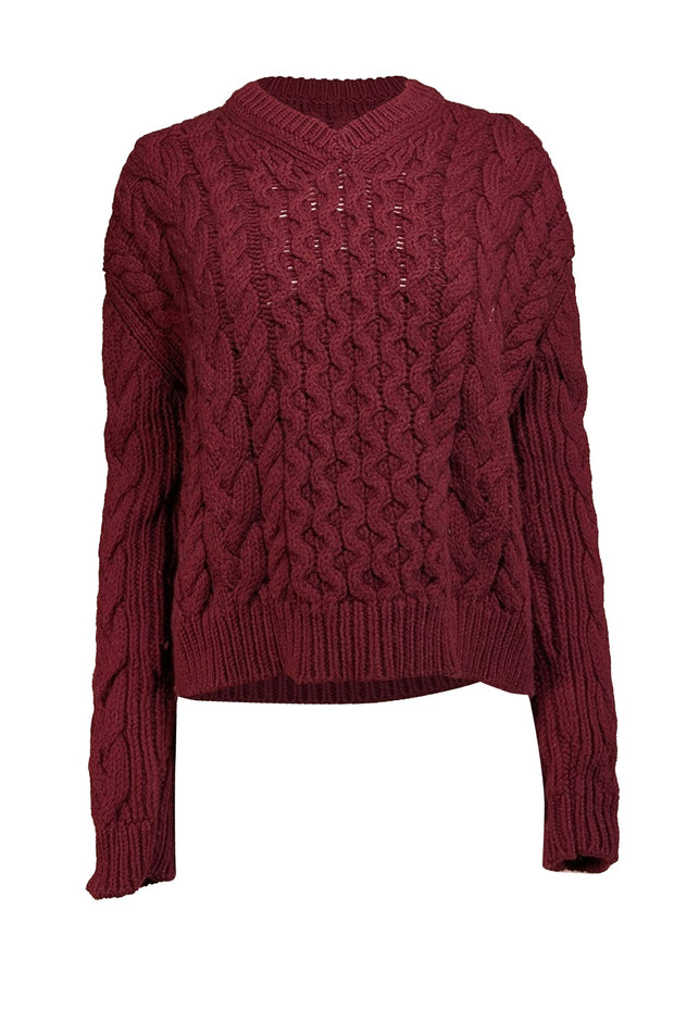 Current Boutique-Joseph - Burgundy Merino Wool Chunky Cable Knit Sweater Sz S