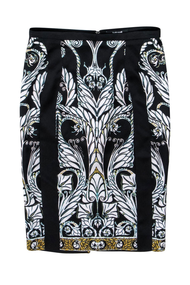Current Boutique-Just Cavalli - Black w/ White & Gold Abstract Paisley Print Satin Skirt Sz 4