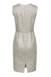 Current Boutique-Kalinka - Ivory & Gold Tweed Sheath Dress w/ Gemstone Belt Sz 8