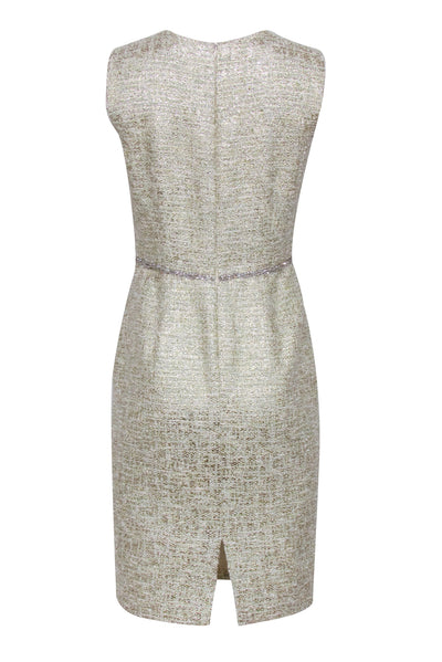 Current Boutique-Kalinka - Ivory & Gold Tweed Sheath Dress w/ Gemstone Belt Sz 8