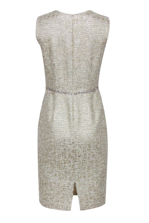Current Boutique-Kalinka - Ivory & Gold Tweed Sheath Dress w/ Gemstone Belt Sz 8
