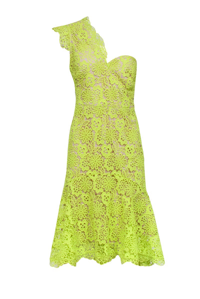 Current Boutique-Karen Millen - Chartreuse Lace One Shoulder Fit & Flare Dress Sz 10