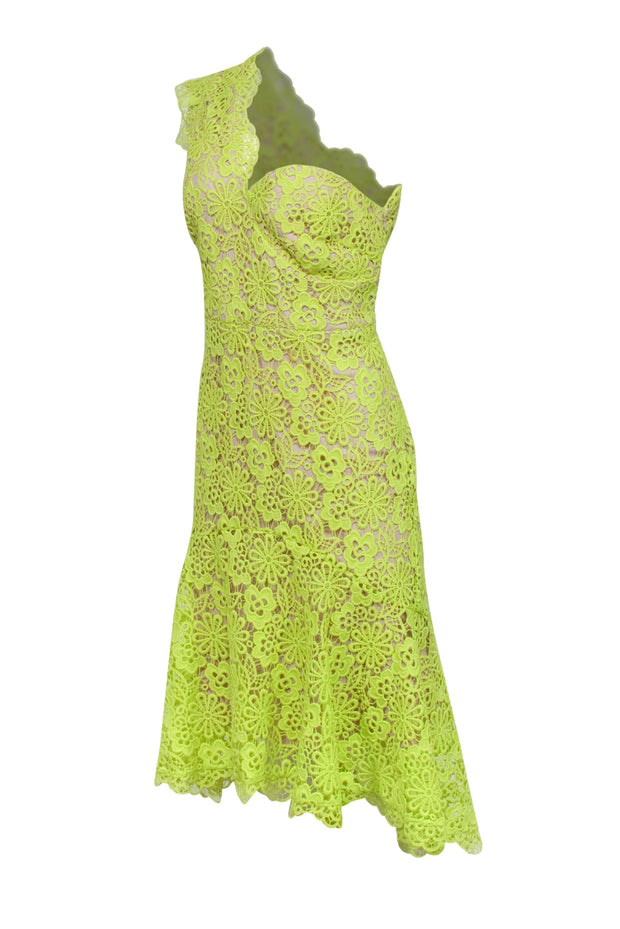 Current Boutique-Karen Millen - Chartreuse Lace One Shoulder Fit & Flare Dress Sz 10