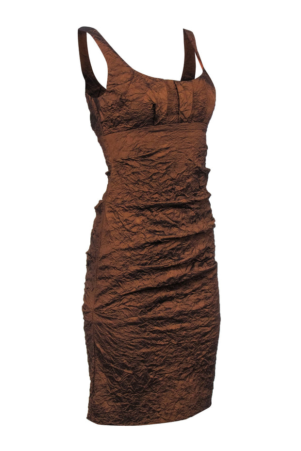 Current Boutique-Nicole Miller - Brown Crinkle Sleeveless Side Ruched Dress Sz 4