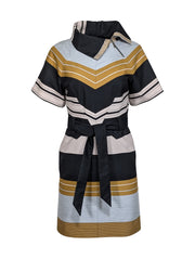 Current Boutique-Karen Millen - Black, Grey & Yellow Striped Sheath Dress w/ Belt Sz 4
