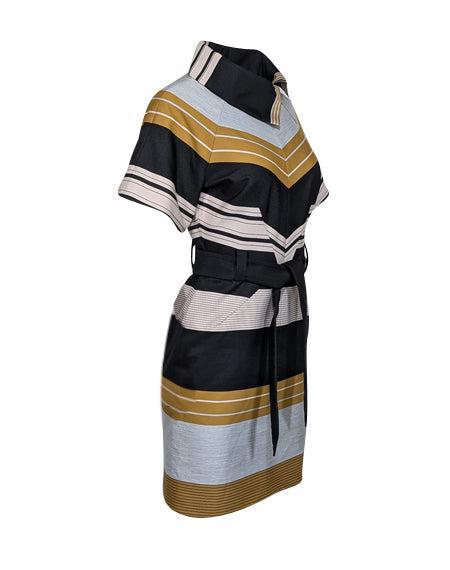 Current Boutique-Karen Millen - Black, Grey & Yellow Striped Sheath Dress w/ Belt Sz 4