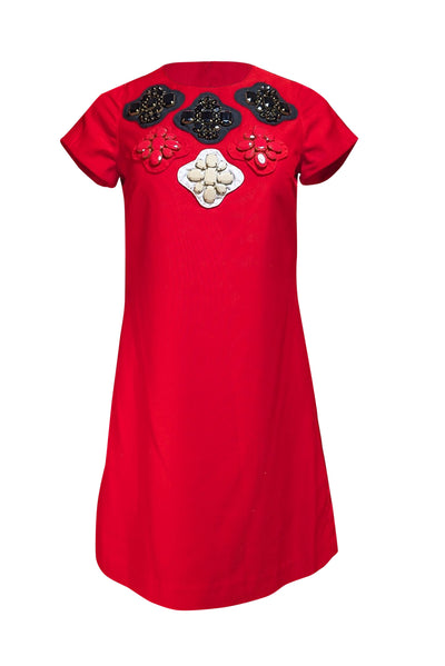 Current Boutique-Karta - Red Beaded Cap Sleeve Shift Dress Sz S