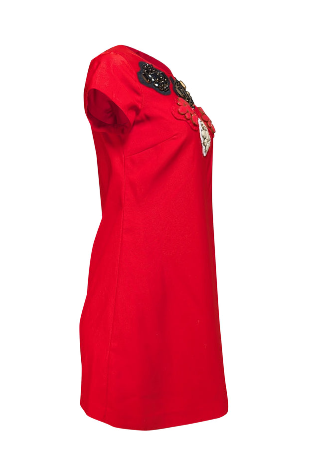 Current Boutique-Karta - Red Beaded Cap Sleeve Shift Dress Sz S