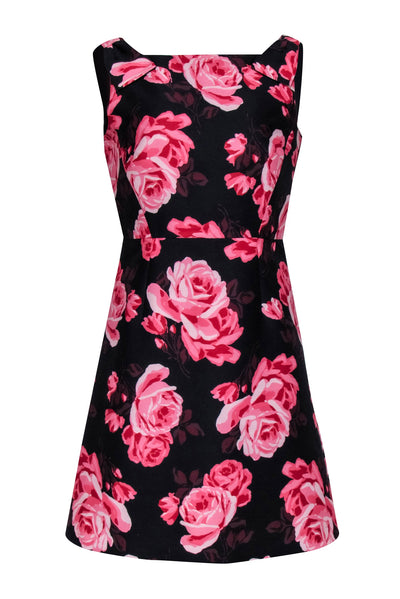 Current Boutique-Kate Spade - Black w/ Pink Rose Print A-Line Dress Sz 8