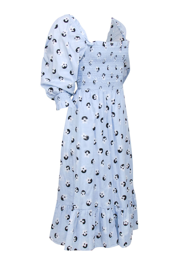 Current Boutique-Kate Spade - Pastel Blue w/ Black & White Floral Print Detail Smocked Bodice Dress Sz S