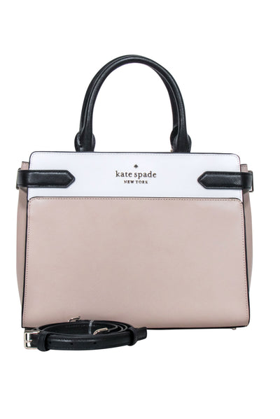 Current Boutique-Kate Spade - Beige, White & Black Saffiano "Staci" Leather Satchel