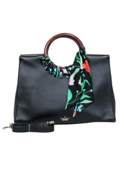 Current Boutique-Kate Spade - Black Leather Shoulder Bag w/ Wood Circle Handles & Floral Detail