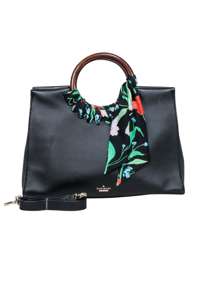 Current Boutique-Kate Spade - Black Leather Shoulder Bag w/ Wood Circle Handles & Floral Detail