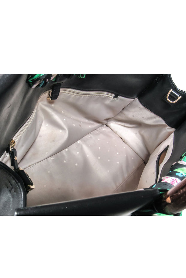 Current Boutique-Kate Spade - Black Leather Shoulder Bag w/ Wood Circle Handles & Floral Detail