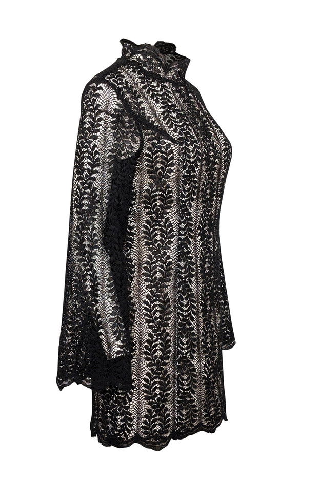 Current Boutique-Keepsake - Black Lace Long Sleeve Shift Dress w/ Beige Lining Sz M