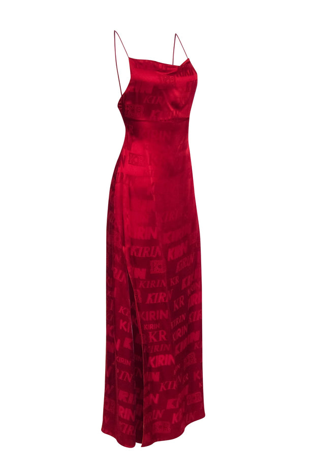 Current Boutique-Kirin - Red Satin Cowl Neck Logo Print Formal Dress Sz 0