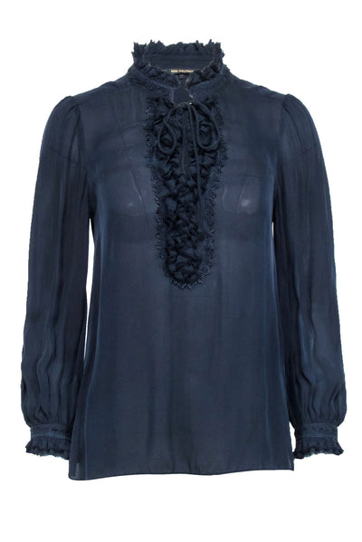 Current Boutique-Kobi Halperin - Navy Blue Sheer Ruffled Peasant Blouse Sz XS