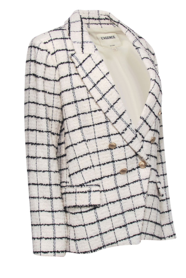 Current Boutique-L'Agence - Ivory & Black Plaid Tweed Double Breasted Button Blazer Sz 10