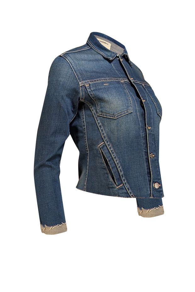 L'Agence - Dark Blue Slim Denim Jacket w/ Raw Hem Sz XS - Current Boutique