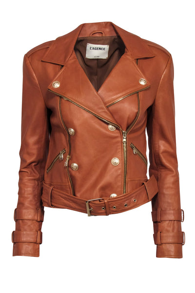 Current Boutique-L'Agence - Tan Leather Moto Jacket w/ Gold Button Detail Sz S