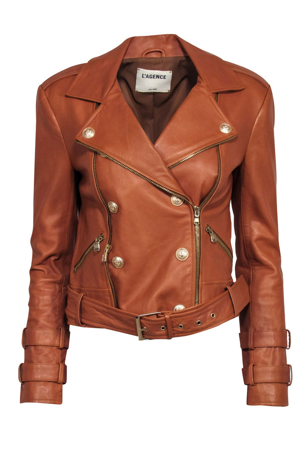 Current Boutique-L'Agence - Tan Leather Moto Jacket w/ Gold Button Detail Sz S