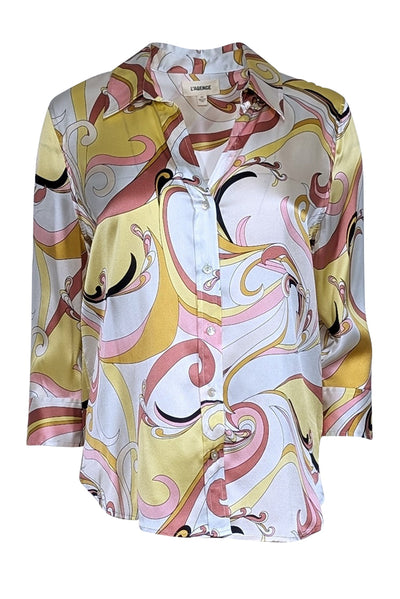 Current Boutique-L'Agence - White, Yellow, & Pink Paisley Print Silk Blouse Sz S
