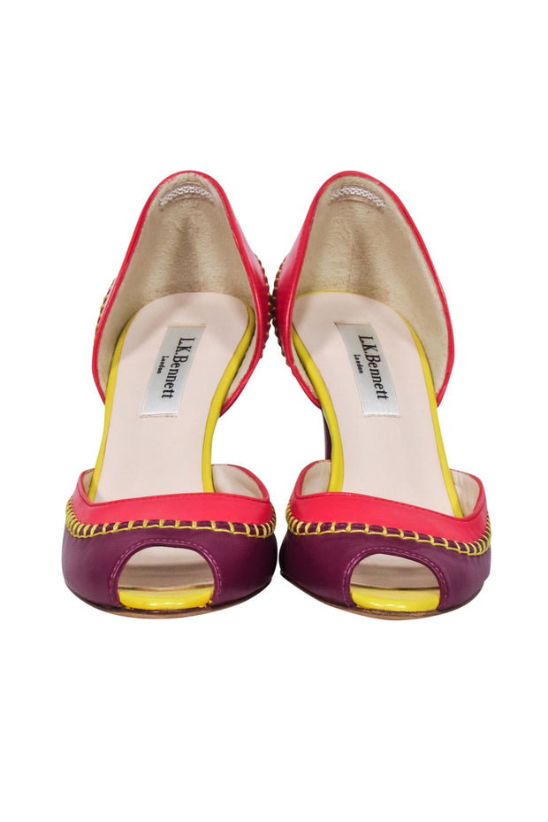Current Boutique-L.K. Bennett - Purple, Pink, & Yellow Peep Toe Pumps w/ Contrast Stitching Sz 4