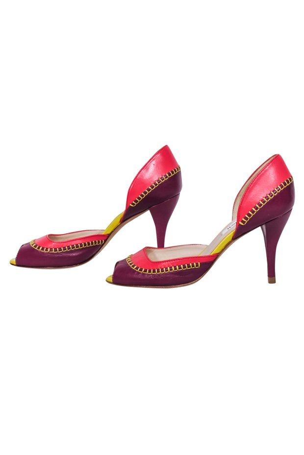 Current Boutique-L.K. Bennett - Purple, Pink, & Yellow Peep Toe Pumps w/ Contrast Stitching Sz 4