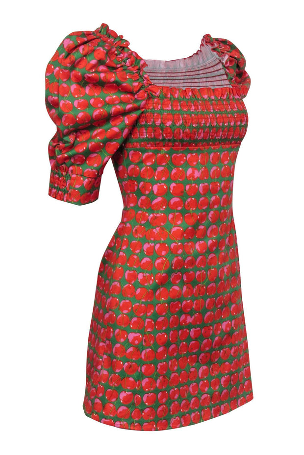 Current Boutique-La DoubleJ - Green & Red Cherry Printed Poplin Mini Dress Sz XS