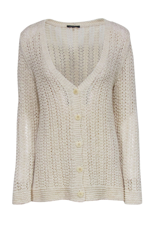 Current Boutique-Lafayette 148 - Cream Crochet V-Neck Cardigan Sz XL