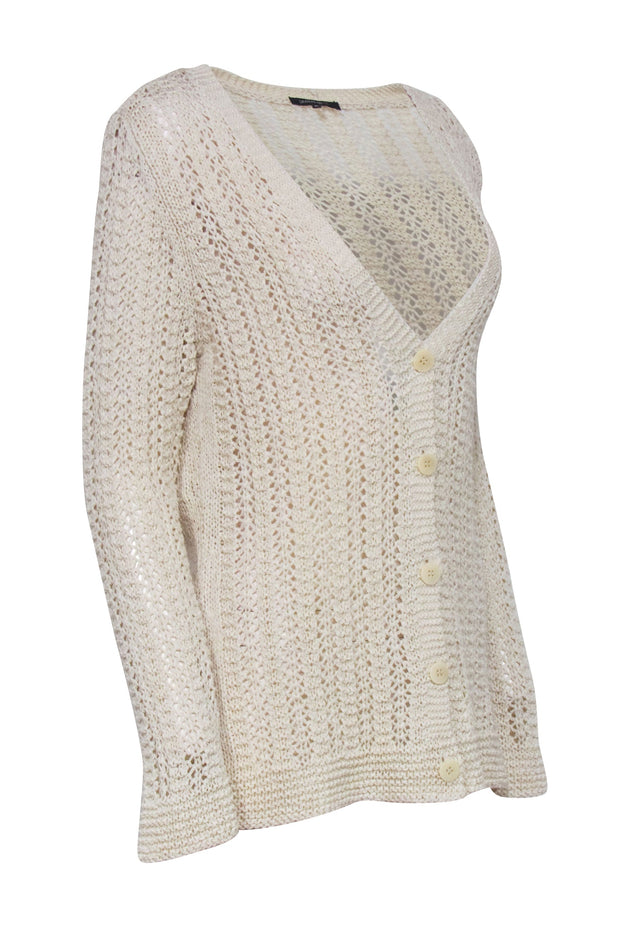 Current Boutique-Lafayette 148 - Cream Crochet V-Neck Cardigan Sz XL