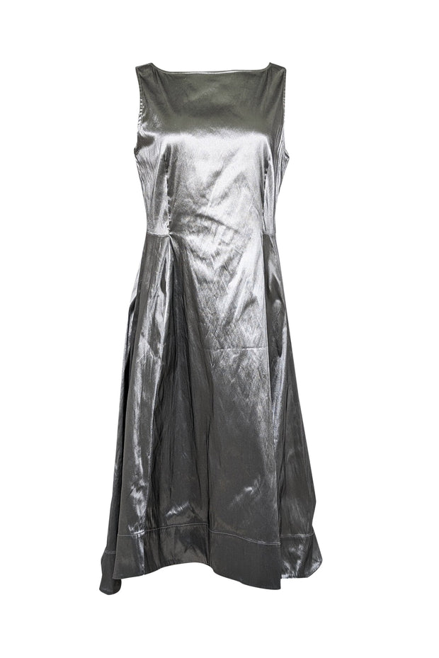 Current Boutique-Lafayette 148 - Grey Iridescent Sleeveless Midi Dress Sz 14