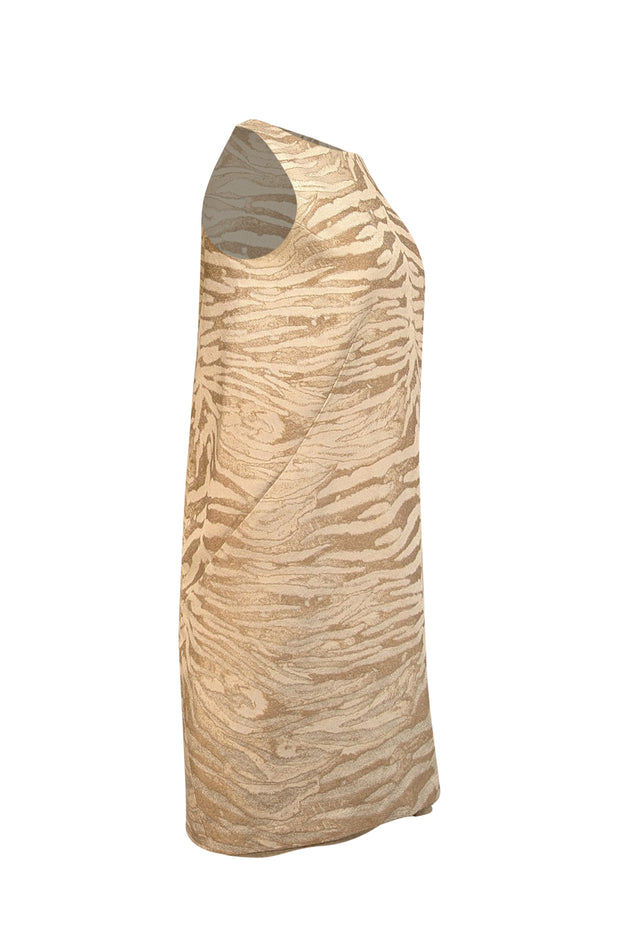 Current Boutique-Lafayette 148 - Cream & Taupe Zebra Pattern Sleeveless Boat Neck Dress Sz 6