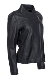 Current Boutique-Lafayette 148 - Dark Brown Leather Collarless Jacket Sz 12