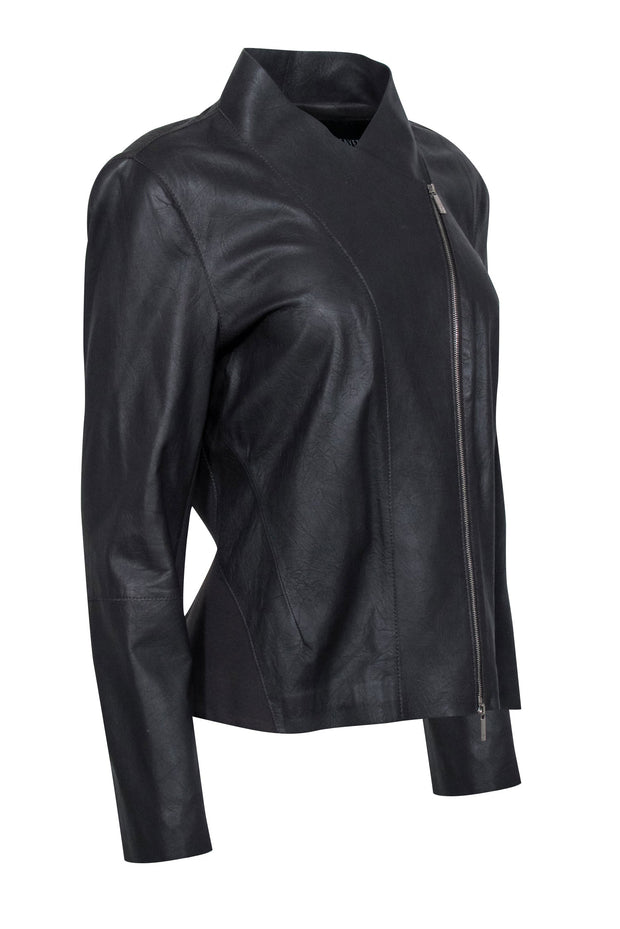 Current Boutique-Lafayette 148 - Dark Brown Leather Collarless Jacket Sz 12