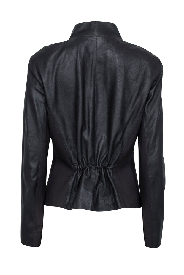 Current Boutique-Lafayette 148 - Dark Brown Leather Collarless Jacket Sz 12