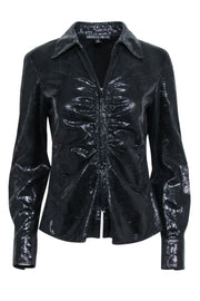 Current Boutique-Lafayette 148 - Black Metallic Leather Zip Up Shirt Jacket Sz 4