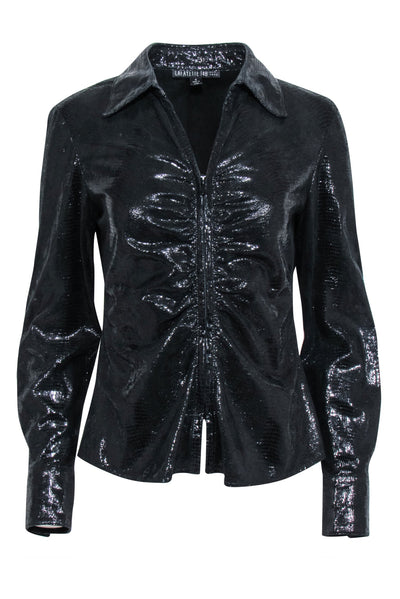 Current Boutique-Lafayette 148 - Black Metallic Leather Zip Up Shirt Jacket Sz 4