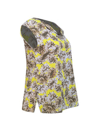 Lafayette 148 - Chartreuse, Beige, & Olive Floral Print Silk Blouse Sz L - Current Boutique